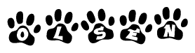 The image shows a row of animal paw prints, each containing a letter. The letters spell out the word Olsen within the paw prints.