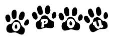The image shows a row of animal paw prints, each containing a letter. The letters spell out the word Opou within the paw prints.