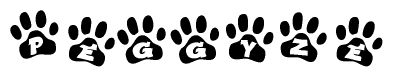 The image shows a series of animal paw prints arranged in a horizontal line. Each paw print contains a letter, and together they spell out the word Peggyze.