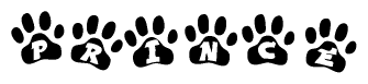 The image shows a row of animal paw prints, each containing a letter. The letters spell out the word Prince within the paw prints.