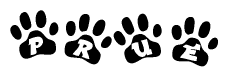 The image shows a row of animal paw prints, each containing a letter. The letters spell out the word Prue within the paw prints.