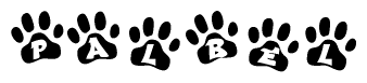 The image shows a series of animal paw prints arranged in a horizontal line. Each paw print contains a letter, and together they spell out the word Palbel.