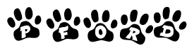 The image shows a series of animal paw prints arranged in a horizontal line. Each paw print contains a letter, and together they spell out the word Pford.