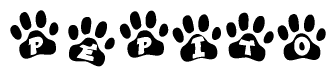 The image shows a series of animal paw prints arranged horizontally. Within each paw print, there's a letter; together they spell Pepito