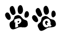 The image shows a series of animal paw prints arranged in a horizontal line. Each paw print contains a letter, and together they spell out the word Pq.