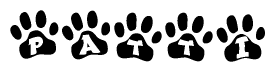 The image shows a series of animal paw prints arranged horizontally. Within each paw print, there's a letter; together they spell Patti