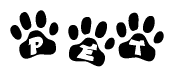 The image shows a row of animal paw prints, each containing a letter. The letters spell out the word Pet within the paw prints.