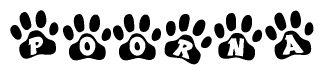 The image shows a series of animal paw prints arranged horizontally. Within each paw print, there's a letter; together they spell Poorna