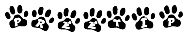 The image shows a series of animal paw prints arranged horizontally. Within each paw print, there's a letter; together they spell Preetip