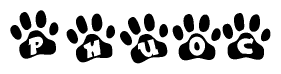 The image shows a series of animal paw prints arranged in a horizontal line. Each paw print contains a letter, and together they spell out the word Phuoc.