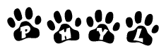 The image shows a series of animal paw prints arranged in a horizontal line. Each paw print contains a letter, and together they spell out the word Phyl.
