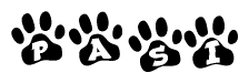 The image shows a series of animal paw prints arranged in a horizontal line. Each paw print contains a letter, and together they spell out the word Pasi.