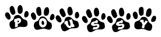 The image shows a row of animal paw prints, each containing a letter. The letters spell out the word Poussy within the paw prints.