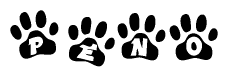 The image shows a row of animal paw prints, each containing a letter. The letters spell out the word Peno within the paw prints.