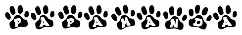 The image shows a series of animal paw prints arranged horizontally. Within each paw print, there's a letter; together they spell Papamanda