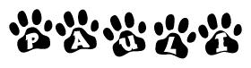 The image shows a row of animal paw prints, each containing a letter. The letters spell out the word Pauli within the paw prints.