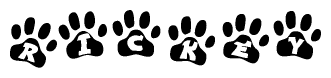 The image shows a series of animal paw prints arranged in a horizontal line. Each paw print contains a letter, and together they spell out the word Rickey.