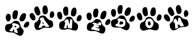 The image shows a row of animal paw prints, each containing a letter. The letters spell out the word Ranedom within the paw prints.