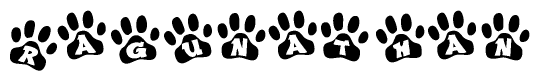 The image shows a series of animal paw prints arranged in a horizontal line. Each paw print contains a letter, and together they spell out the word Ragunathan.