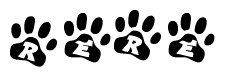The image shows a series of animal paw prints arranged in a horizontal line. Each paw print contains a letter, and together they spell out the word Rere.