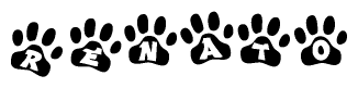 The image shows a series of animal paw prints arranged horizontally. Within each paw print, there's a letter; together they spell Renato