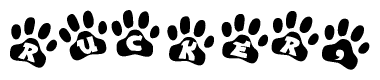 The image shows a series of animal paw prints arranged horizontally. Within each paw print, there's a letter; together they spell Rucker