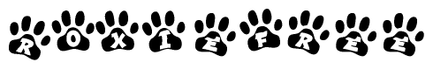 The image shows a row of animal paw prints, each containing a letter. The letters spell out the word Roxiefree within the paw prints.