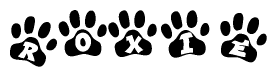 The image shows a series of animal paw prints arranged in a horizontal line. Each paw print contains a letter, and together they spell out the word Roxie.