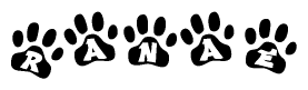 The image shows a row of animal paw prints, each containing a letter. The letters spell out the word Ranae within the paw prints.