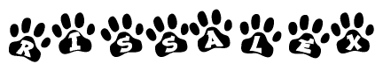 The image shows a series of animal paw prints arranged horizontally. Within each paw print, there's a letter; together they spell Rissalex