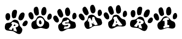 The image shows a series of animal paw prints arranged in a horizontal line. Each paw print contains a letter, and together they spell out the word Rosmari.