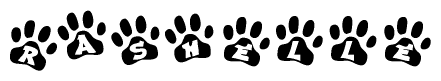 The image shows a series of animal paw prints arranged horizontally. Within each paw print, there's a letter; together they spell Rashelle