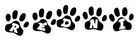 The image shows a row of animal paw prints, each containing a letter. The letters spell out the word Redni within the paw prints.