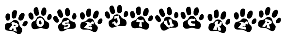 The image shows a row of animal paw prints, each containing a letter. The letters spell out the word Rosejtucker within the paw prints.