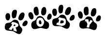 The image shows a series of animal paw prints arranged in a horizontal line. Each paw print contains a letter, and together they spell out the word Rody.