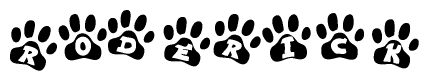 The image shows a series of animal paw prints arranged horizontally. Within each paw print, there's a letter; together they spell Roderick