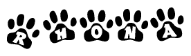 The image shows a series of animal paw prints arranged horizontally. Within each paw print, there's a letter; together they spell Rhona