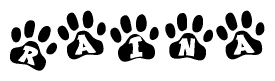 The image shows a row of animal paw prints, each containing a letter. The letters spell out the word Raina within the paw prints.