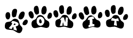 The image shows a row of animal paw prints, each containing a letter. The letters spell out the word Ronit within the paw prints.