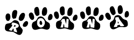 The image shows a series of animal paw prints arranged in a horizontal line. Each paw print contains a letter, and together they spell out the word Ronna.