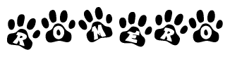 The image shows a series of animal paw prints arranged horizontally. Within each paw print, there's a letter; together they spell Romero