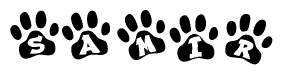 The image shows a series of animal paw prints arranged horizontally. Within each paw print, there's a letter; together they spell Samir