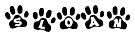 The image shows a row of animal paw prints, each containing a letter. The letters spell out the word Sloan within the paw prints.