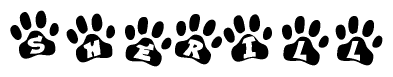 The image shows a series of animal paw prints arranged horizontally. Within each paw print, there's a letter; together they spell Sherill