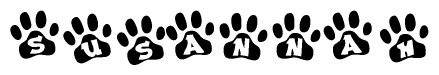 The image shows a row of animal paw prints, each containing a letter. The letters spell out the word Susannah within the paw prints.
