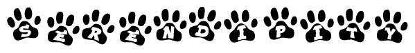 The image shows a series of animal paw prints arranged in a horizontal line. Each paw print contains a letter, and together they spell out the word Serendipity.