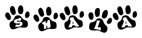 The image shows a row of animal paw prints, each containing a letter. The letters spell out the word Shala within the paw prints.