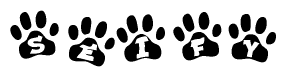 The image shows a series of animal paw prints arranged in a horizontal line. Each paw print contains a letter, and together they spell out the word Seify.