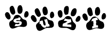 The image shows a row of animal paw prints, each containing a letter. The letters spell out the word Suzi within the paw prints.