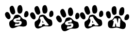 The image shows a row of animal paw prints, each containing a letter. The letters spell out the word Sasan within the paw prints.